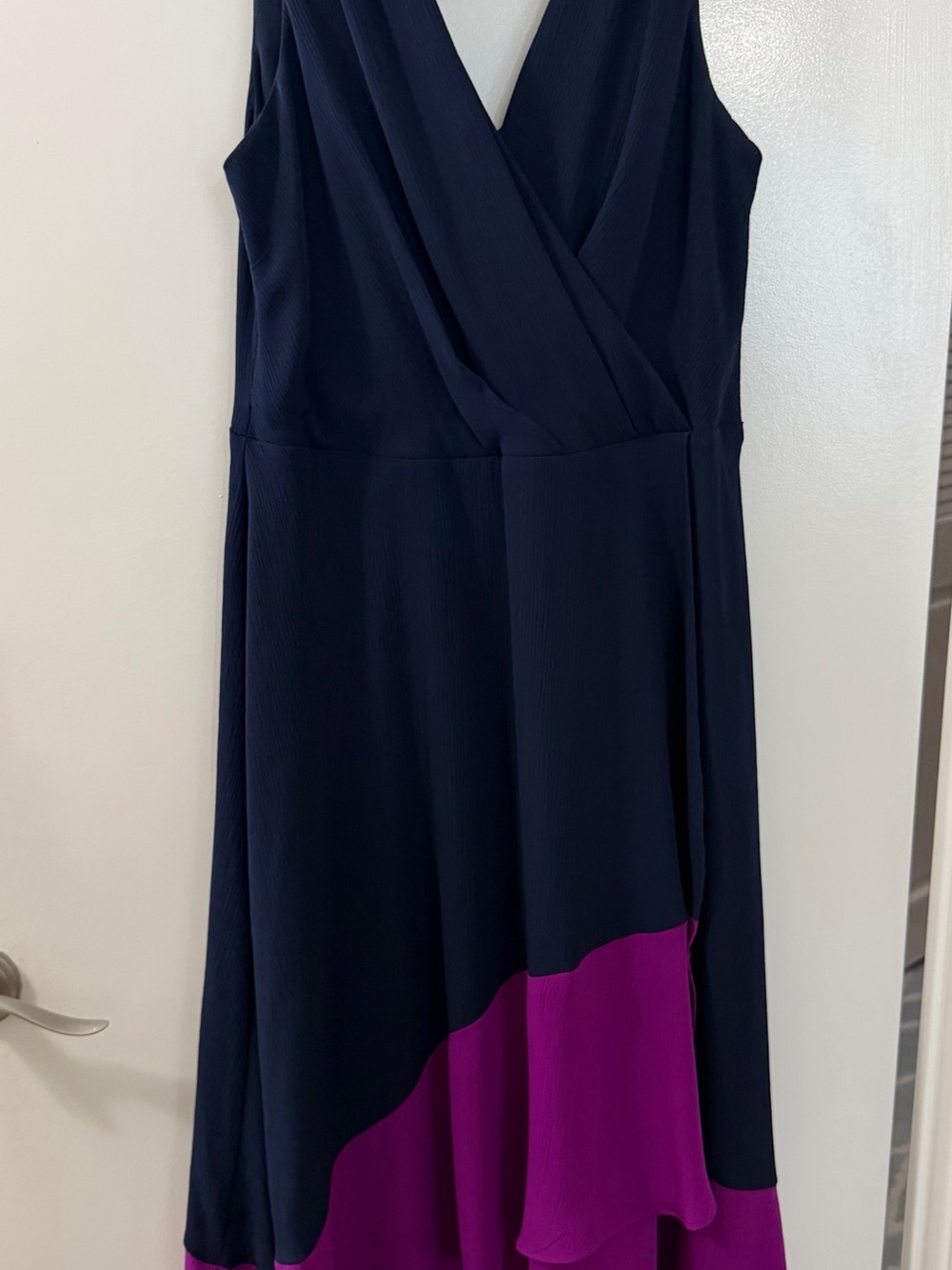 DKNY Navy and Magenta One-Shoulder Wrap Dress